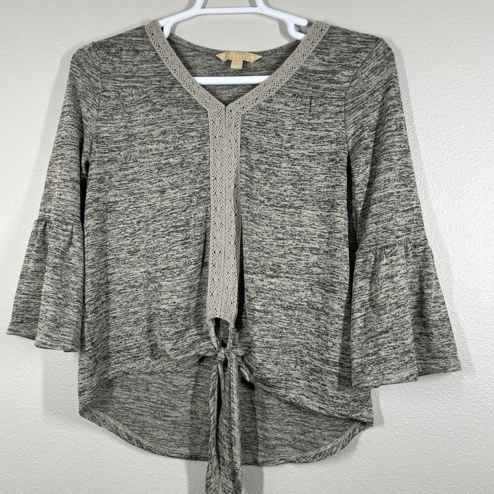 Hope & Harlow Top Womens S Heather Gray Crochet Trim Tie Front Bell Sleeve Knit